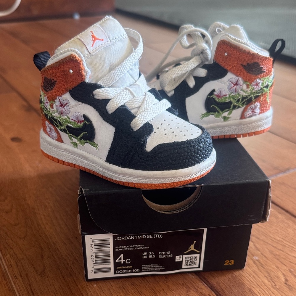 Jordan Kids Sneakers - Black, White, Orange with Floral 4c